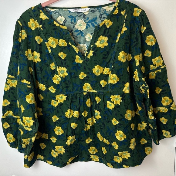 Sonoma Corduroy Green floral Notchneck Long Sleeve Top Size petite Large #1660 - Picture 2 of 7